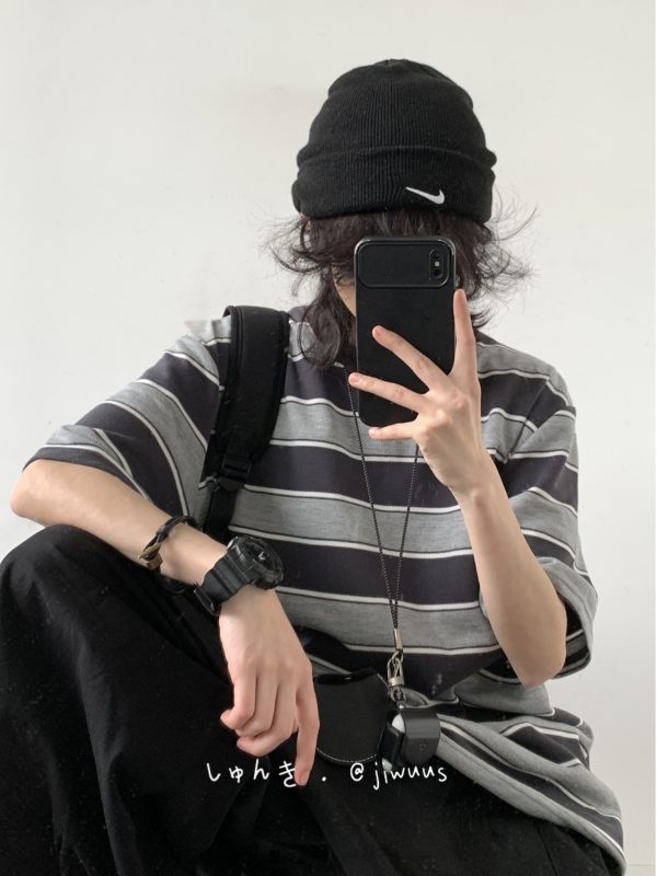 Japanese-Style Retro Striped Round Neck Short Sleeve T-Shirt for Summer, Unisex Loose College Style Half-Sleeve Top