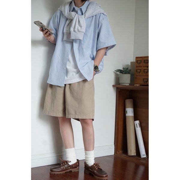 Japanese-Style Retro Striped Short Sleeve Shirt for Men and Women, Summer Loose Casual City Boy Jacket