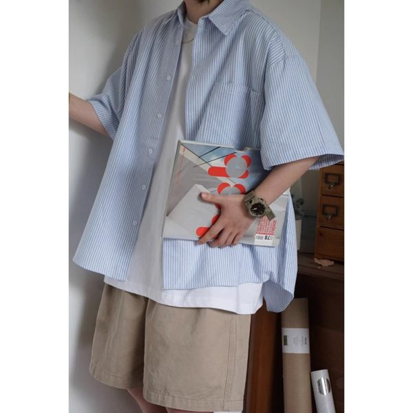 Japanese-Style Retro Striped Short Sleeve Shirt for Men and Women, Summer Loose Casual City Boy Jacket