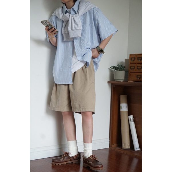 Japanese-Style Retro Striped Short Sleeve Shirt for Men and Women, Summer Loose Casual City Boy Jacket