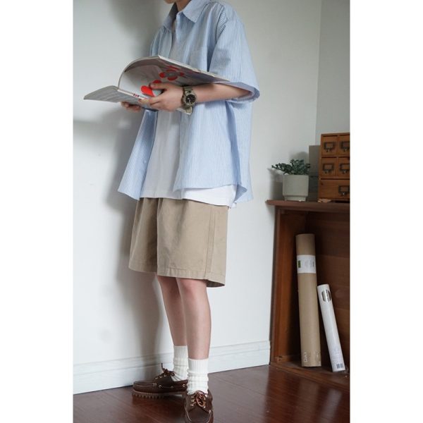 Japanese-Style Retro Striped Short Sleeve Shirt for Men and Women, Summer Loose Casual City Boy Jacket