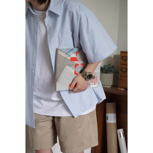 Japanese-Style Retro Striped Short Sleeve Shirt for Men and Women, Summer Loose Casual City Boy Jacket