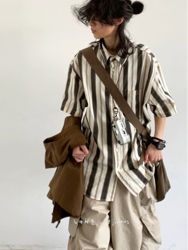 Japanese-Style Retro Vertical Striped Short Sleeve Shirt - Vintage Loose Casual Couple Top for Summer Trend