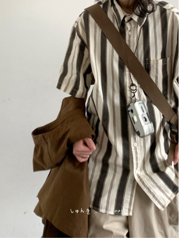 Japanese-Style Retro Vertical Striped Short Sleeve Shirt - Vintage Loose Casual Couple Top for Summer Trend