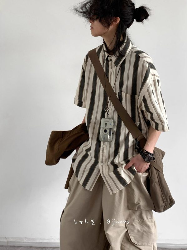 Japanese-Style Retro Vertical Striped Short Sleeve Shirt - Vintage Loose Casual Couple Top for Summer Trend