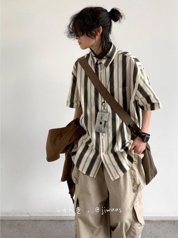 Japanese-Style Retro Vertical Striped Short Sleeve Shirt - Vintage Loose Casual Couple Top for Summer Trend