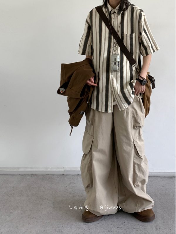 Japanese-Style Retro Vertical Striped Short Sleeve Shirt - Vintage Loose Casual Couple Top for Summer Trend