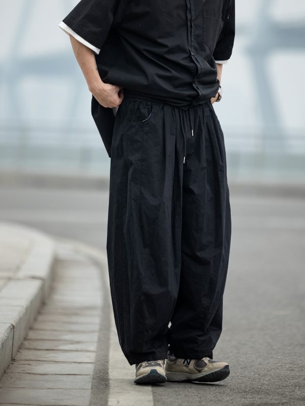 Japanese-Style Retro Wide-Leg Casual Pants for Men - Summer Straight-Leg Drawstring Elastic Waist Trousers