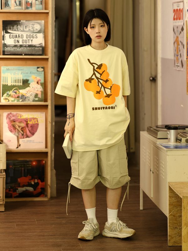 Japanese-Style Short-Sleeve T-Shirt for Men and Women - Casual Heavyweight Couple Top, Trendy Kaki Kaki Ruyi Design
