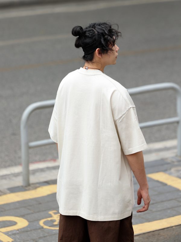 Japanese-Style Small Collar Short-Sleeve T-Shirt for Men - Casual Retro Tee with Hole Design, Loose Fit for Y2K and 90s Vibes
