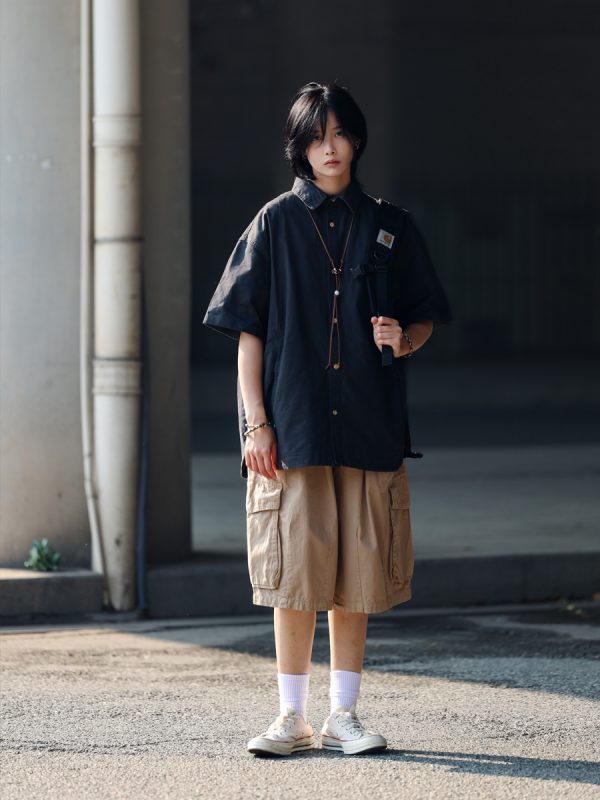 Japanese-Style Spliced Pocket Short Sleeve Shirt for Men - Casual Versatile Summer T-Shirt in Trendy Streetwear Style