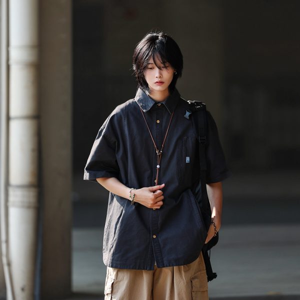 Japanese-Style Spliced Pocket Short Sleeve Shirt for Men - Casual Versatile Summer T-Shirt in Trendy Streetwear Style