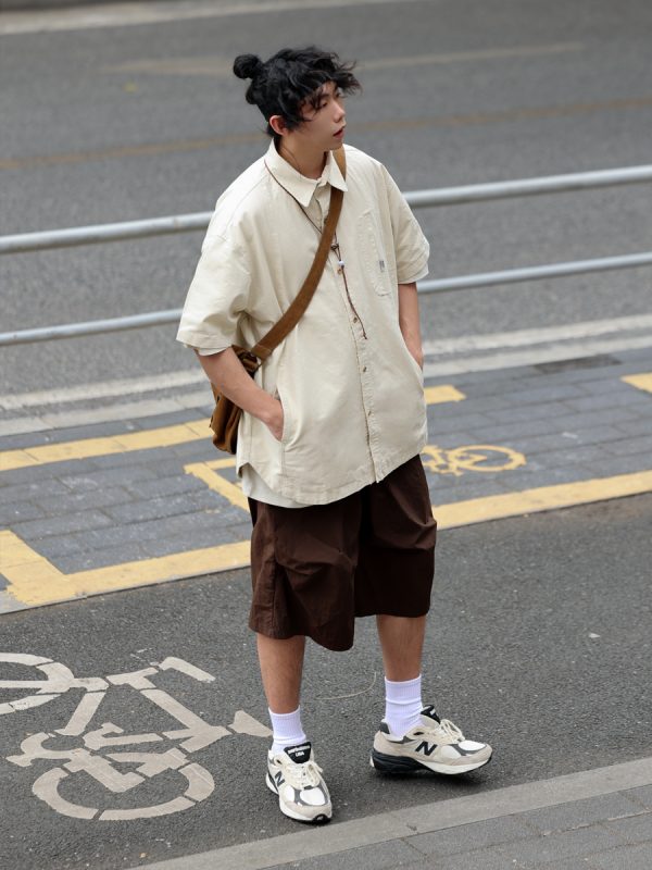 Japanese-Style Spliced Pocket Short Sleeve Shirt for Men - Casual Versatile Summer T-Shirt in Trendy Streetwear Style