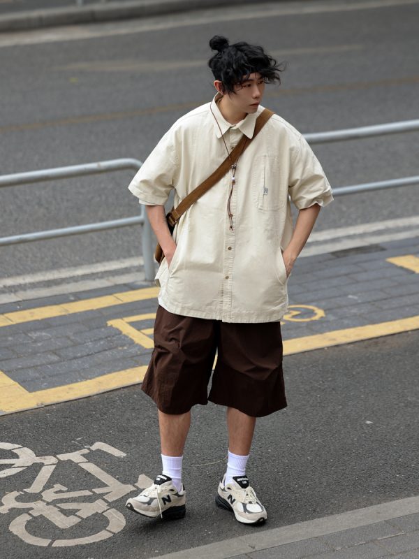 Japanese-Style Spliced Pocket Short Sleeve Shirt for Men - Casual Versatile Summer T-Shirt in Trendy Streetwear Style
