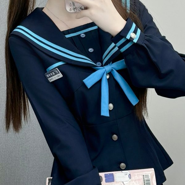 JK Long Sleeve Navy Collar Top & Dark Blue Long Skirt Set - School Supply Style, College Aesthetic, Y2K Fashion