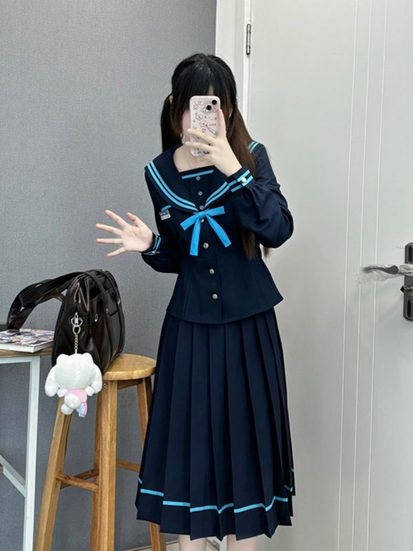 JK Long Sleeve Navy Collar Top & Dark Blue Long Skirt Set - School Supply Style, College Aesthetic, Y2K Fashion