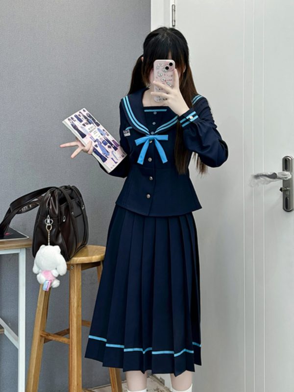 JK Long Sleeve Navy Collar Top & Dark Blue Long Skirt Set - School Supply Style, College Aesthetic, Y2K Fashion