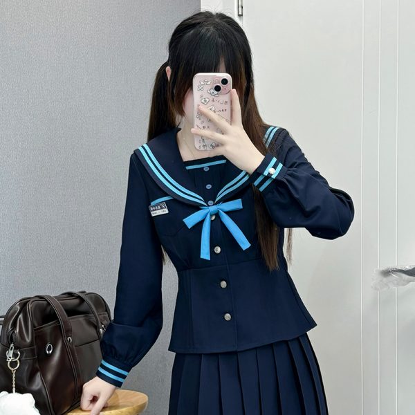 JK Long Sleeve Navy Collar Top & Dark Blue Long Skirt Set - School Supply Style, College Aesthetic, Y2K Fashion