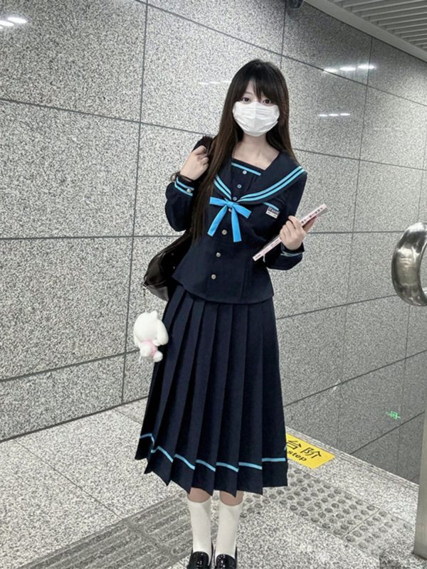 JK Long Sleeve Navy Collar Top & Dark Blue Long Skirt Set - School Supply Style, College Aesthetic, Y2K Fashion