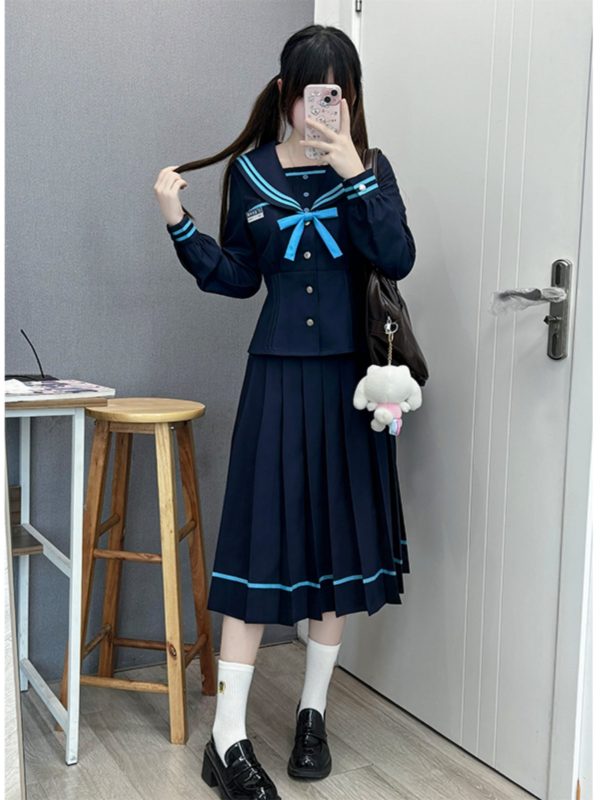 JK Long Sleeve Navy Collar Top & Dark Blue Long Skirt Set - School Supply Style, College Aesthetic, Y2K Fashion