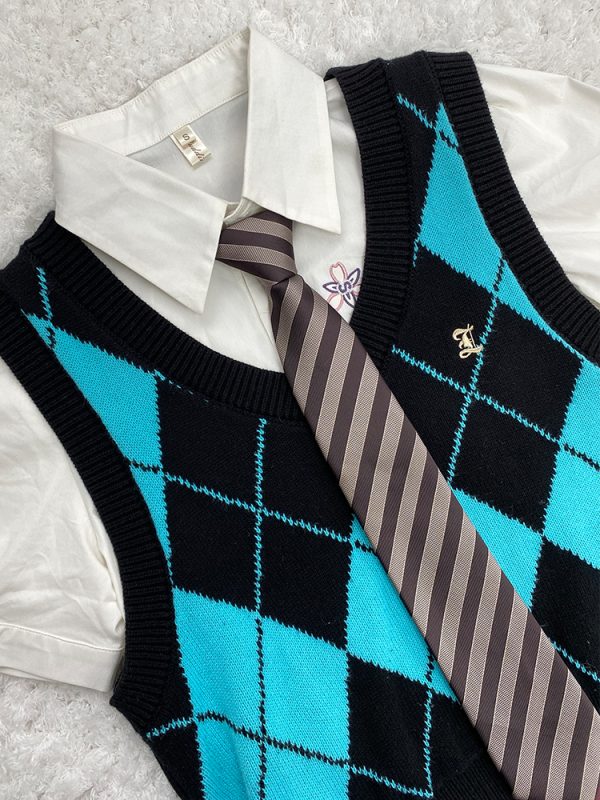 JK Uniform Pudding Bear Set - Plaid Skirt, DK Striped Tie, Decorative Bow Tie, Japanese Style, Cute Girls' College Outfit