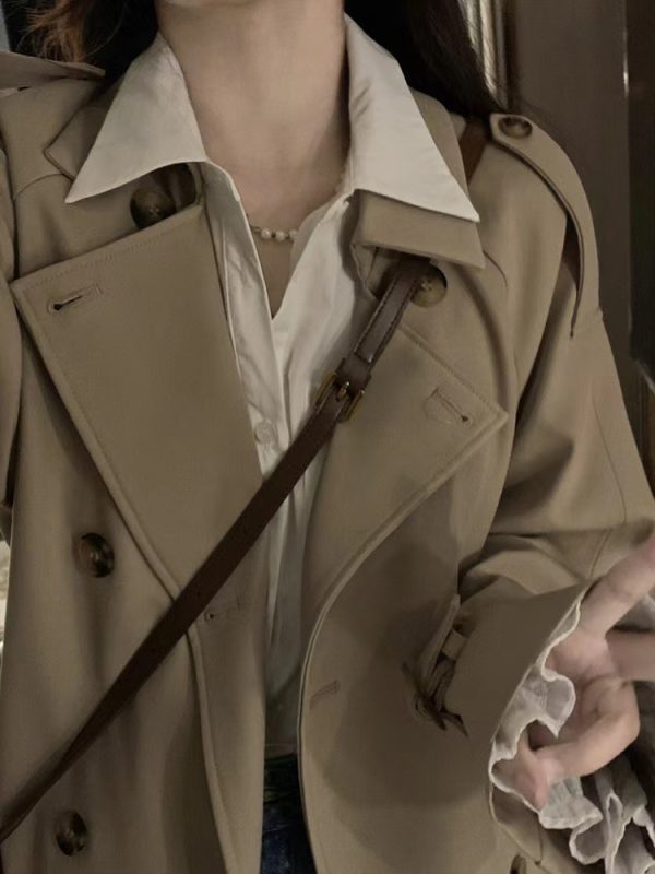 Khaki Mid-Length Trench Coat for Women - 2024 Spring Autumn Korean Style, British Design, Perfect for Petite Figures