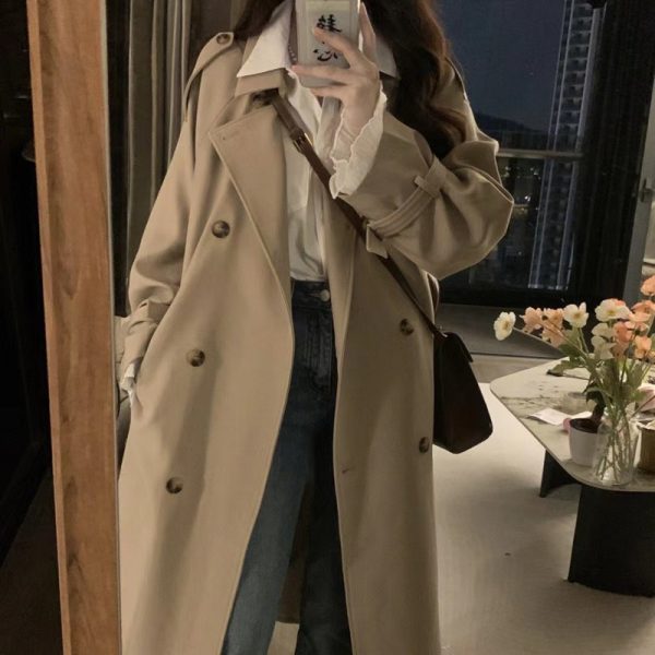 Khaki Mid-Length Trench Coat for Women - 2024 Spring Autumn Korean Style, British Design, Perfect for Petite Figures