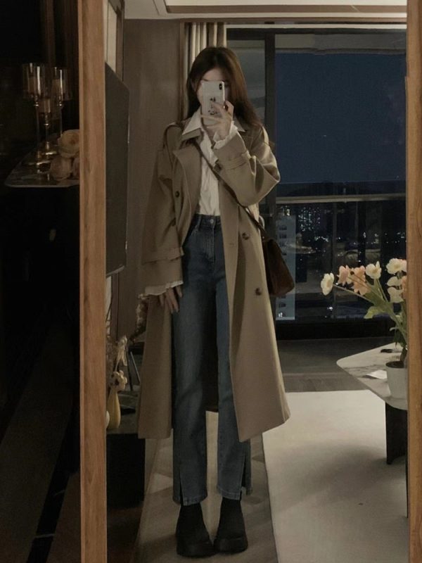 Khaki Mid-Length Trench Coat for Women - 2024 Spring Autumn Korean Style, British Design, Perfect for Petite Figures