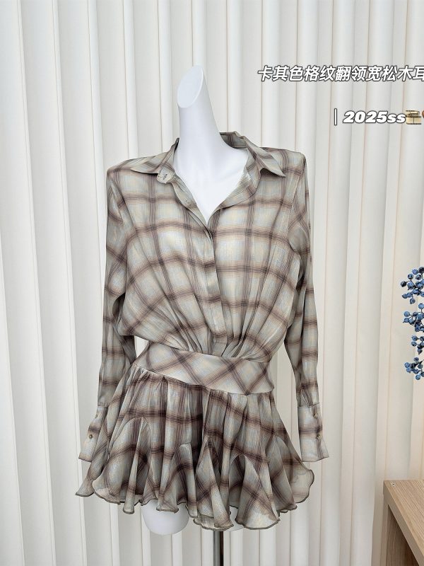 Khaki Plaid Collar Loose Ruffled Short Dress with Pleated Skirt - Trendy Niche Style for Summer 90s Fashion