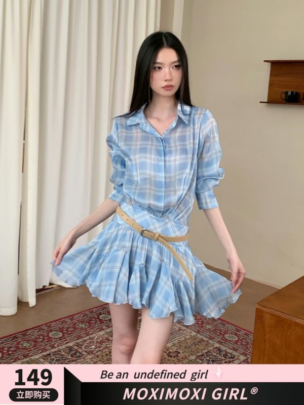 Khaki Plaid Collar Loose Ruffled Short Dress with Pleated Skirt - Trendy Niche Style for Summer 90s Fashion