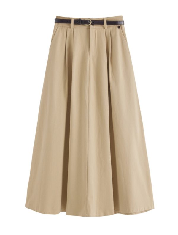 Khaki Washed Cotton High-Waisted A-Line Skirt for Pear-Shaped Body, Mid-Length Umbrella Skirt, Spring 2025 Fashion for Women