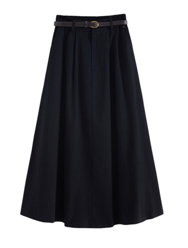 Khaki Washed Cotton High-Waisted A-Line Skirt for Pear-Shaped Body, Mid-Length Umbrella Skirt, Spring 2025 Fashion for Women