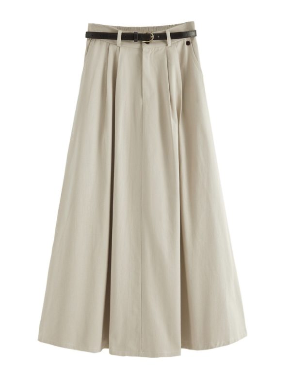 Khaki Washed Cotton High-Waisted A-Line Skirt for Pear-Shaped Body, Mid-Length Umbrella Skirt, Spring 2025 Fashion for Women