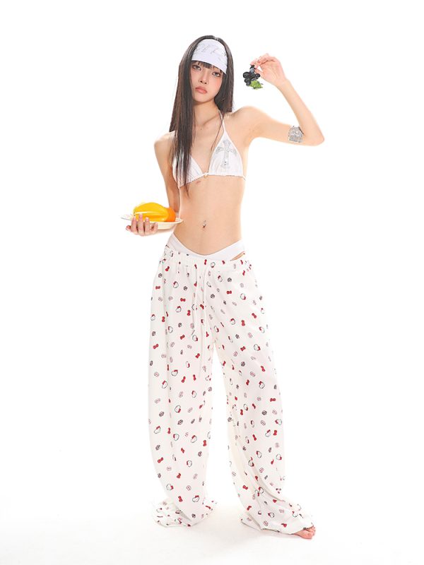 Kitty Cat Print Casual Pants for Women - Floor-Length Loose Straight Wide-Leg Trousers in American Style