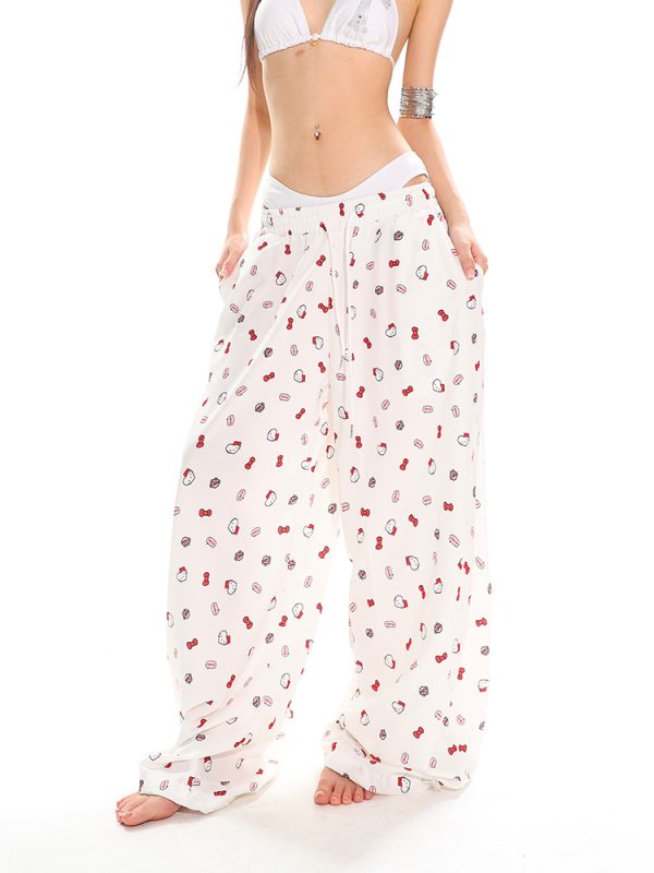 Kitty Cat Print Casual Pants for Women - Floor-Length Loose Straight Wide-Leg Trousers in American Style