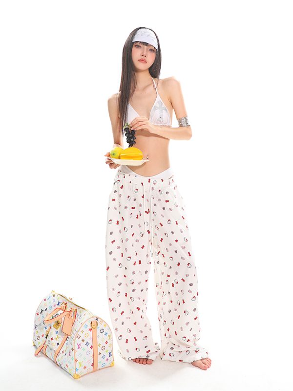 Kitty Cat Print Casual Pants for Women - Floor-Length Loose Straight Wide-Leg Trousers in American Style