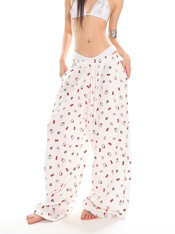 Kitty Cat Print Casual Pants for Women - Floor-Length Loose Straight Wide-Leg Trousers in American Style