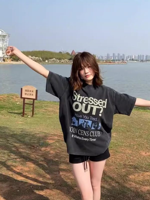 Korean Retro Graphic T-Shirt - Casual Unisex Short Sleeve with American Slogan, Washed Pure Cotton, Versatile 90s Style