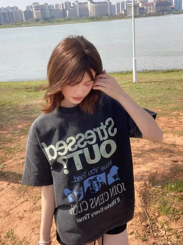 Korean Retro Graphic T-Shirt - Casual Unisex Short Sleeve with American Slogan, Washed Pure Cotton, Versatile 90s Style