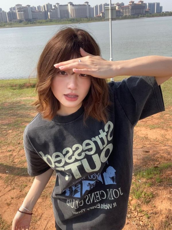 Korean Retro Graphic T-Shirt - Casual Unisex Short Sleeve with American Slogan, Washed Pure Cotton, Versatile 90s Style