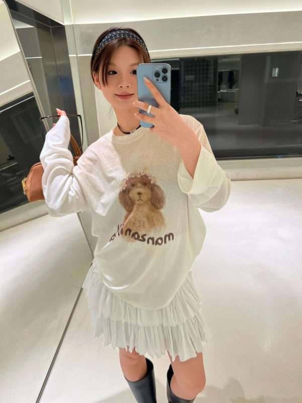 Korean Retro Little Dog Princess Print Long Sleeve T-Shirt - Casual Sun Protection Cover-Up in Pure Cotton for Women
