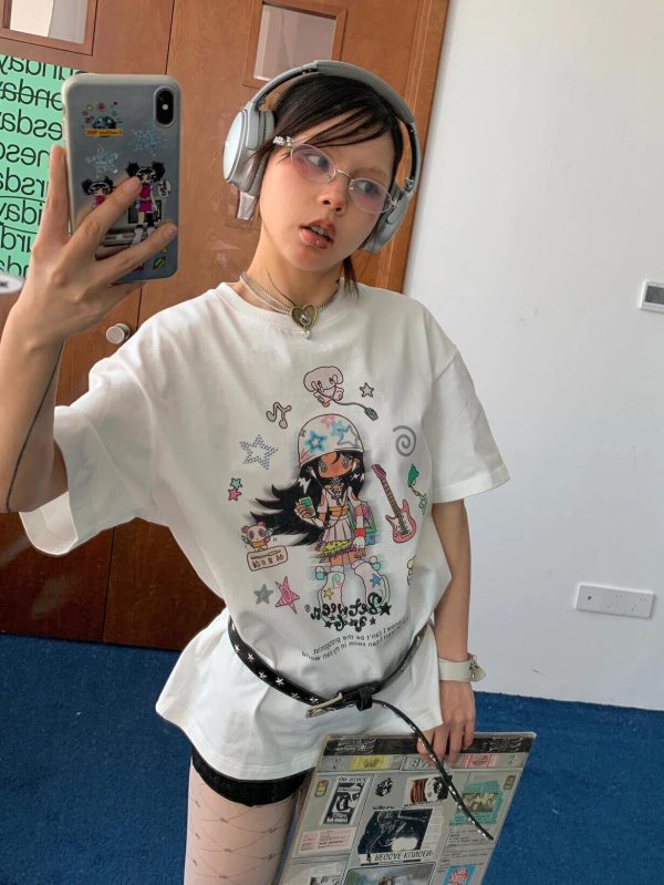 Korean Retro Musician Graphic T-Shirt - Casual Loose Fit, Age-Reducing Design, Pure Cotton Short Sleeve Top