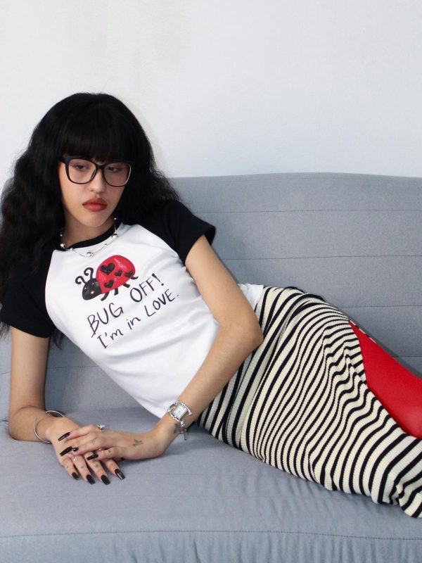 Korean Style Beetle Cartoon Print Color-Blocking Short-Sleeve Slim-Fit High-Stretch Cotton T-Shirt for Trendy Casual Wear