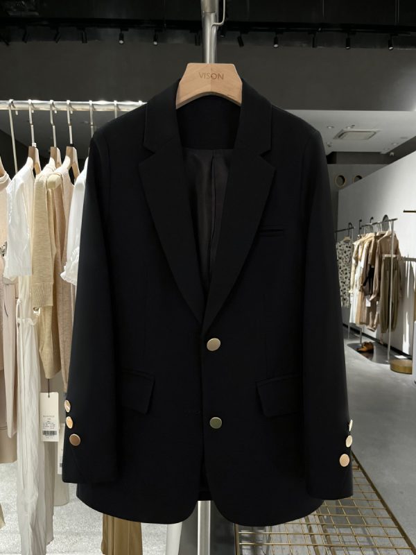 Korean Style Black Metal Buckle Vintage Blazer for Women - 2025 Spring Autumn Petite Fashion Jacket