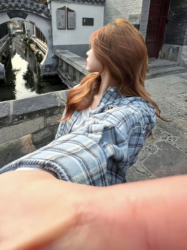 Korean-Style Blue Plaid Shirt Jacket for Women - Loose Casual Long Sleeve Top for Summer Fashion
