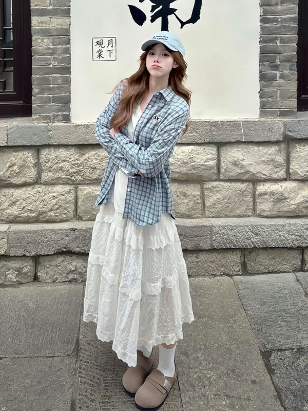 Korean-Style Blue Plaid Shirt Jacket for Women - Loose Casual Long Sleeve Top for Summer Fashion