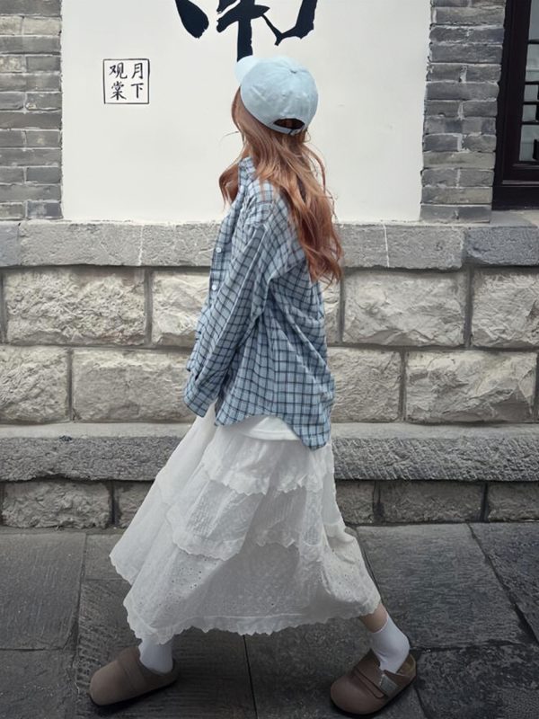 Korean-Style Blue Plaid Shirt Jacket for Women - Loose Casual Long Sleeve Top for Summer Fashion