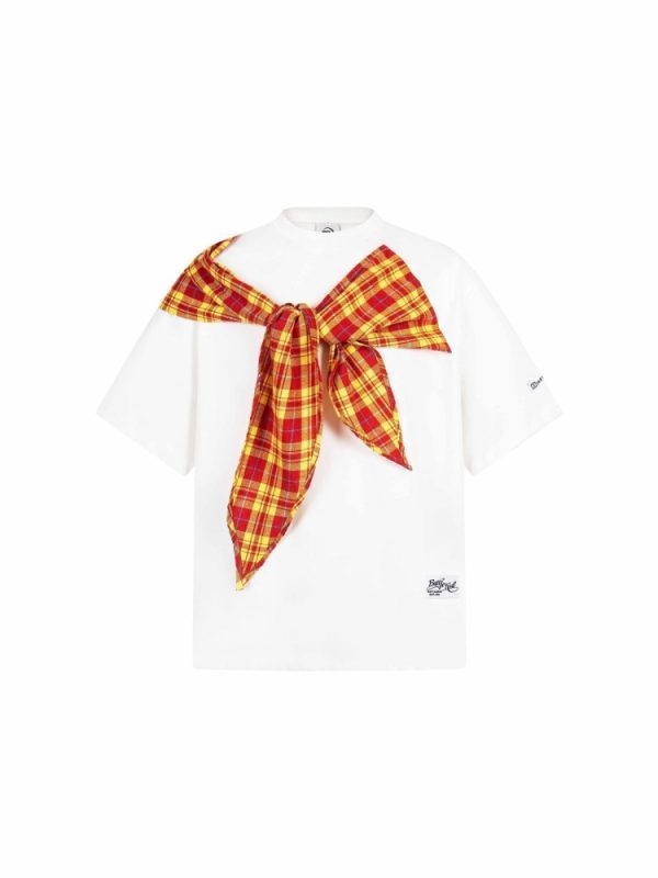 Korean Style Bow Tie Patterned Short Sleeve T-Shirt for Women - Summer 2025 College Fashion Trend