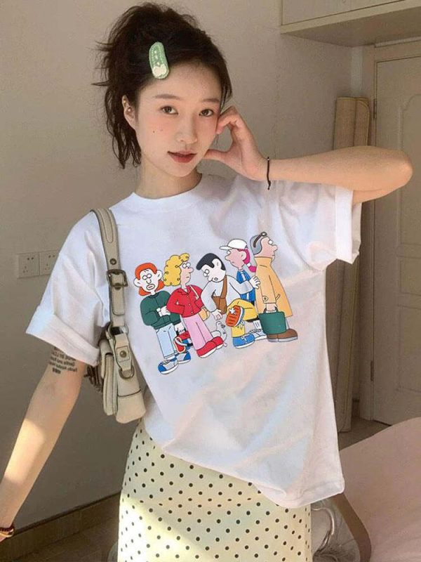 Korean Style Cartoon Character Printed Casual Loose Cotton T-Shirt for Women - Comfortable Round Neck Short Sleeve Top