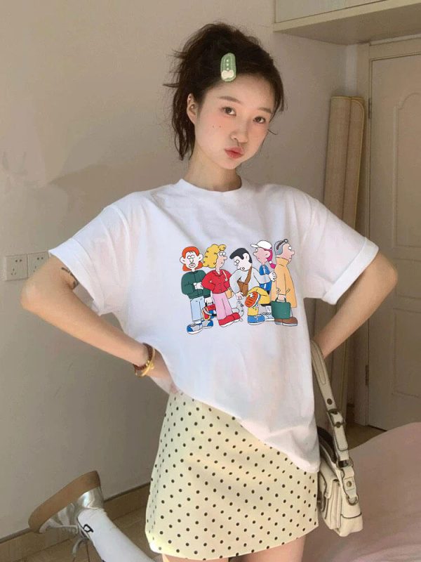 Korean Style Cartoon Character Printed Casual Loose Cotton T-Shirt for Women - Comfortable Round Neck Short Sleeve Top